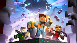 像素藝術風格的Minecraft角色站在一個有漂浮方塊和發光效果的突出物上。