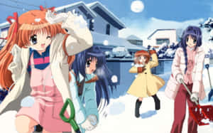 四個動漫女孩在郊區社區享受雪天。 — 雪花 壁紙