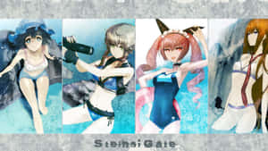 四個動漫角色穿著泳衣，與「Steins;Gate」文字一起擺姿勢。 — 靚靚動畫 壁紙