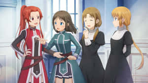 四個穿著奇幻制服的動漫少女在窗邊聊天。 — 風景動圖 壁紙