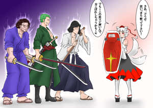 四個持劍的動漫戰士對抗一個手持紅色盾牌的狐女。 — 動漫打鬥 壁紙