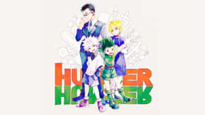 來自《Hunter x Hunter》的四個動漫角色以風格化的武器圖形英勇地擺姿勢。 — 獵人 壁紙