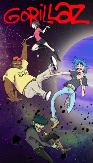 Gorillaz 樂隊成員在紫色行星附近的太空中漂浮。 — 大猩猩 壁紙