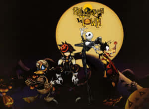 四個萬聖節卡通角色在滿月下，帶有「Halloween Town」文字。 — 萬聖節恐怖 壁紙