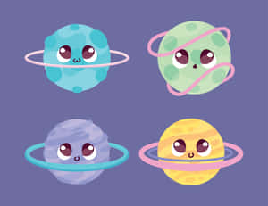 四個微笑的卡通行星，帶有光環，在紫色背景上。 — 太空美學 GIF 壁紙