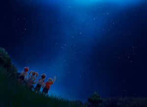 四個孩子在山丘上仰望星空。 — 夜空 壁紙