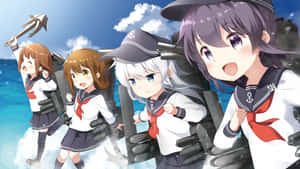 四個穿著水手服的動漫女孩在軍艦甲板上，背景是海洋和天空。