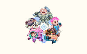 四個Q版遊戲角色穿著未來風格裝備一起擺姿勢。 — 鬥陣特攻 GIF 壁紙