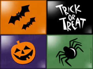 萬聖節圖標包括蝙蝠、南瓜燈、蜘蛛和 trick or treat 文字，以粗體剪影形式呈現。 — 萬聖節恐怖 壁紙