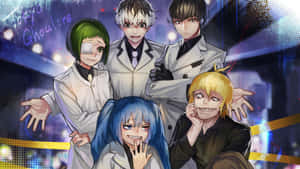 四個身穿白袍的動漫角色在霓虹城市背景下擺姿勢，帶有「Tokyo Ghoul:re」文字。 — 凌志標誌 GIF 壁紙