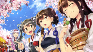 動漫女孩穿著節日服裝在櫻花下吃美食。 — 春天 壁紙