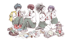 四名穿著校服的動漫學生正在進行一場有零食和茶的野餐。 — 中野三玖 壁紙