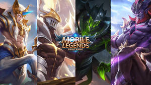 來自《Mobile Legends Bang Bang》的四個強大奇幻遊戲角色，擺出動態戰鬥姿勢。