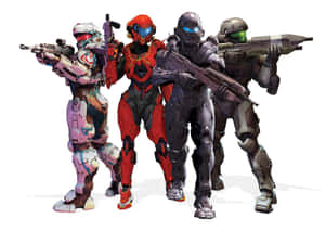 四名全副武裝的Halo士兵以戰鬥姿勢手持武器。 — 螢幕保護 壁紙