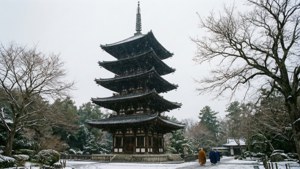 一座被雪覆蓋的日本寶塔，僧侶在冬天附近行走。