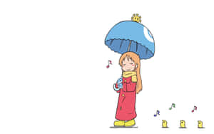 動漫女孩穿紅色外套拿藍色雨傘，音符飄浮。
