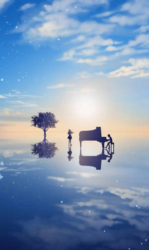 樹和鋼琴的剪影漂浮在雲層之上，帶有星空倒影。
