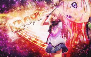 動漫女孩在色彩繽紛的宇宙音樂場景中拉小提琴。
