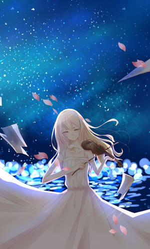 動漫女孩在星空下演奏小提琴，櫻花在她周圍飄浮。