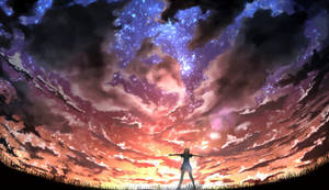 一個人在星空暮色下張開雙臂的剪影。