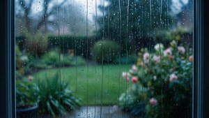 雨滴沿窗戶流下，顯示出柔和的花園，帶有粉紅花朵。 — 四月 壁紙