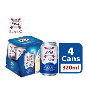 四罐320毫升Kronenbourg 1664 Blanc啤酒，藍色包裝，帶有品牌標誌。