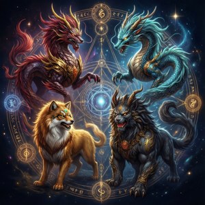 四隻神話生物在星空宇宙場景中圍繞一個發光的魔法圓圈