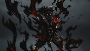 動漫戰士，擁有發光的紅色眼睛，被黑暗能量和類似血液的飛濺物包圍。