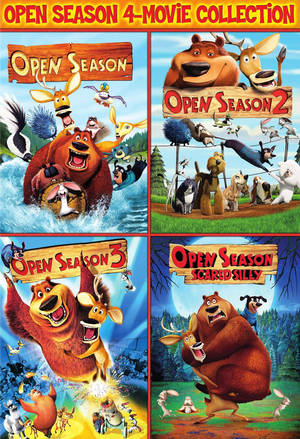 四張《Open Season》電影海報，展示森林場景中的卡通動物。