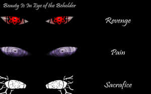 四隻動漫風格的眼睛，在黑色背景上帶有revenge pain sacrifice文字。 — 火影忍者 佐助 GIF 壁紙