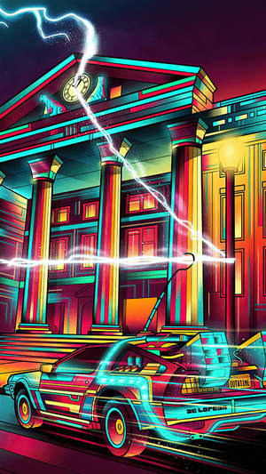 霓虹 DeLorean 在電暴下飛馳經過鐘樓。 — 未來風格動態圖 壁紙
