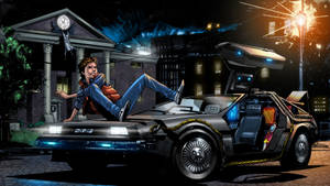 一個男孩在夜晚從 DeLorean 時光機中探出身子，天空中有煙花。