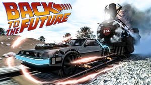 DeLorean 時間機器與蒸汽火車並肩奔馳，火花飛濺。
