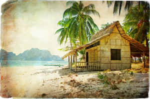 一間質樸的海灘小屋，周圍環繞著棕櫚樹和碧綠的海水，遠處有山巒。