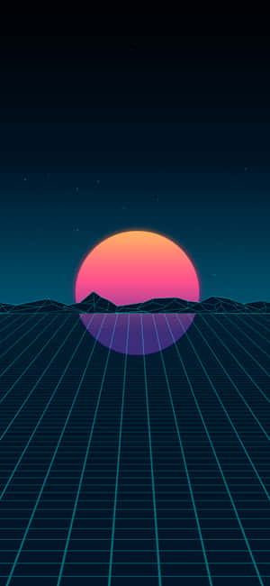 霓虹網格景觀，星空下山脈上方有發光的日落
