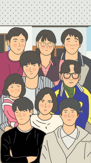 九個插圖人物在群體肖像中微笑或顯得平靜。 — 動畫小孩 壁紙