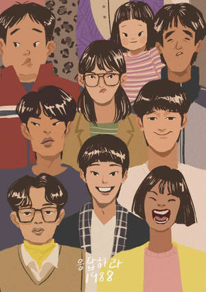 1988年韓國角色的插圖群體，表情多樣，服裝色彩繽紛。 — 條紋 壁紙