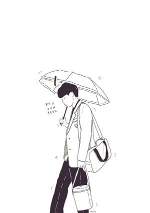 一個穿着校服的男孩帶着雨傘和水桶行走。 — OnePlus Pad 3 壁紙