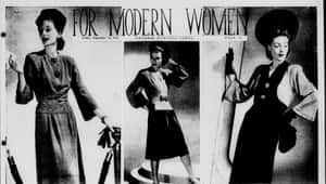 三位1940年代女性在復古雜誌版面中展示優雅的連衣裙和帽子。 — 中世紀 GIF 壁紙