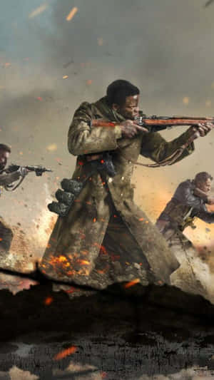 士兵們在烈火戰場上開火步槍，伴隨著爆炸和碎片。