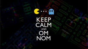 帶有 'Keep Calm and Om Nom' 文字的 Pacman 迷宮，採用復古遊戲風格。