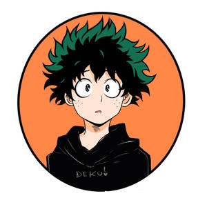動漫角色Deku，擁有綠色和黑色頭髮，大眼睛，穿著黑色連帽衫。