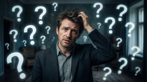 男人在黑暗的房間裡被發光的問號包圍，抓著頭。