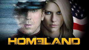 電視劇 Homeland 海報，士兵和女性與美國國旗一起強烈凝視。 — 美國國旗 壁紙