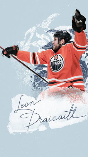 冰球運動員 Leon Draisaitl 身穿橙色 Oilers 球衣高舉手套慶祝。