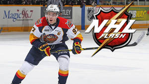 NHL Flash標誌覆蓋在冰球場上滑冰的冰球運動員上方。 — 康納·麥格雷戈 壁紙