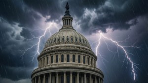 雷暴期間被閃電照亮的美國國會大廈圓頂。