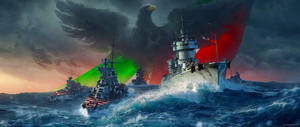 軍艦在波濤洶湧的海上航行，一隻巨鷹手持紅綠旗幟。