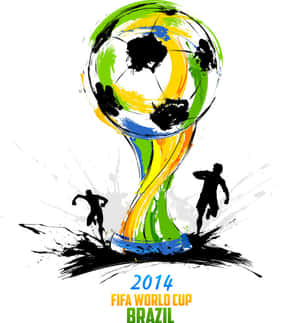 2014年FIFA世界盃巴西獎盃，帶有彩色油漆飛濺和球員剪影。