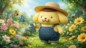 黃色卡通小狗穿著工裝褲和草帽，在陽光明媚的花園裡澆花，周圍有蝴蝶和蜜蜂。